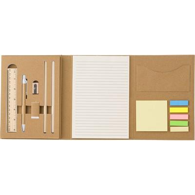 Conference folder, notebook, ruler, ball pen, pencils, pencil sharpener, eraser, sticky notes