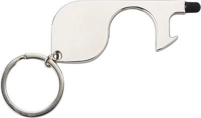 Keyring, anti-contact holder for door opening, touch pen and shopping cart coin