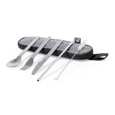 Cutlery set 5 pcs., reusable drinking straw with cleaning brush