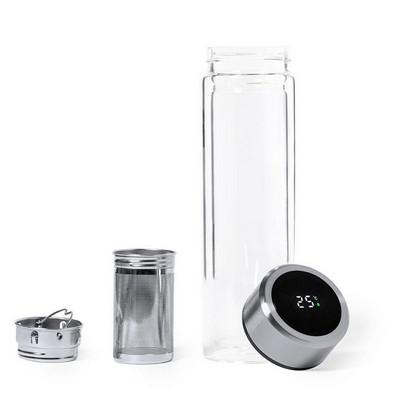 Glass vacuum flask 390 ml with touch digital beverage temperature display and sieve stopping dregs