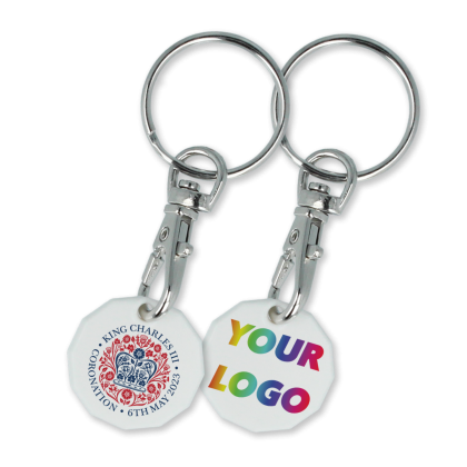 CORONATION RECYCLED 12 SIDED £1 TROLLEY COIN KEYRING.