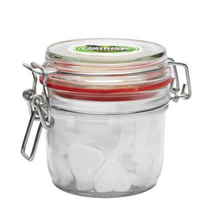 255ml/490gr Glass jar filled with dextrose heart mints