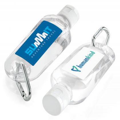Picture of 70ml Antibacterial Hand Sanitiser on a Carabiner Clip.