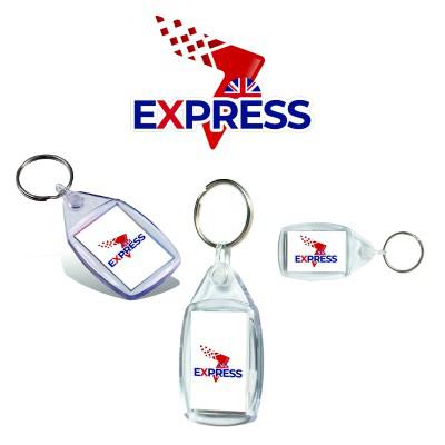 Essential Rectangle Stay Clear TM Plastic Keyring: Express UK Service: 1* Working Day Delivery & Full Colour Print