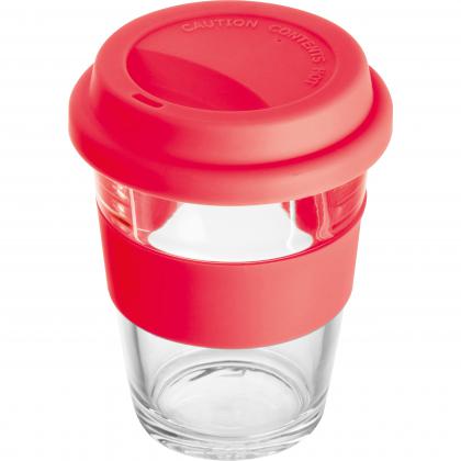Glass mug with silicon sleeve and lid