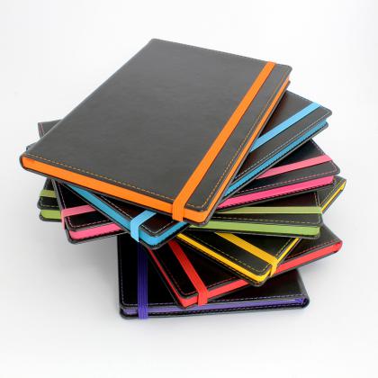 Accent A5 Notebook with a Contrast Colour Elastic Strap, Edge Stitch, Edge Stained paper & Page Marker.