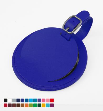Round Luggage Tag with Flap, in Belluno, a vegan coloured leatherette with a subtle grain.