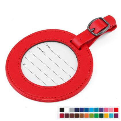 Round Luggage Tag with Window, in Belluno, a vegan coloured leatherette with a subtle grain.