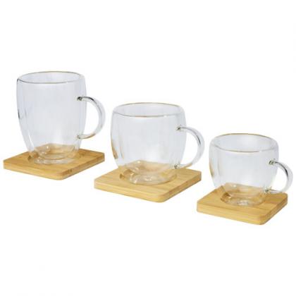 Manti 2-piece 250 ml double-wall glass cup with bamboo coaster