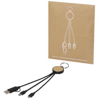 Tecta 6-in-1 recycled plastic/bamboo charging cable with keyring