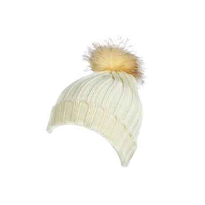 100% Acrylic deep ribbed knit beanie with turn-up and faux fur bobble