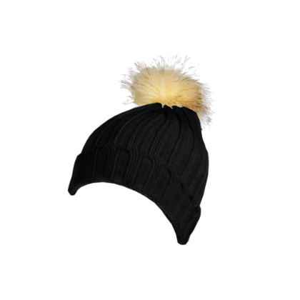 100% Acrylic deep ribbed knit beanie with turn-up and faux fur bobble