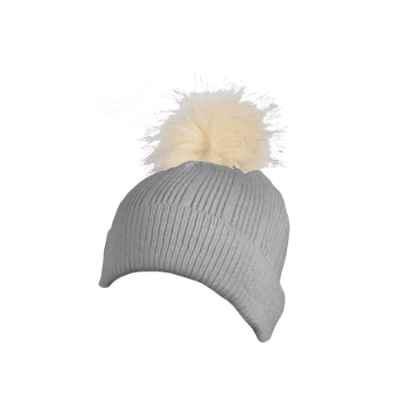 100% Acrylic flat ribbed knit beanie with turn-up and faux fur bobble
