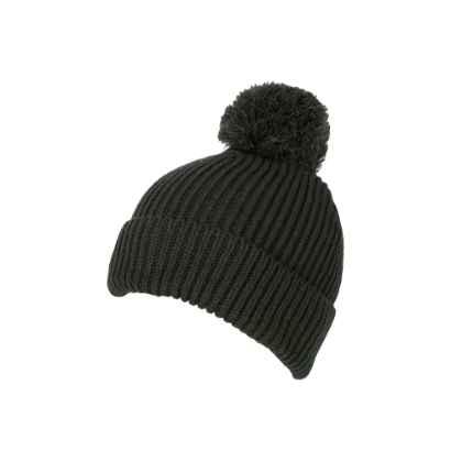 100% Acrylic loose knit beanie with turn-up and oversized bobble