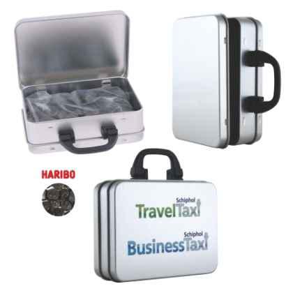Suitcase tin with Haribo liquorice coins