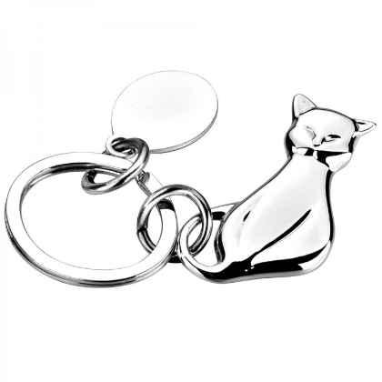 Silver Plated Cat Key Ring with Oval Tag