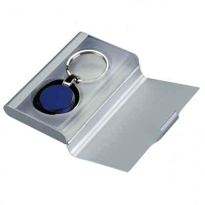 Key chain chromed blue, in metal box