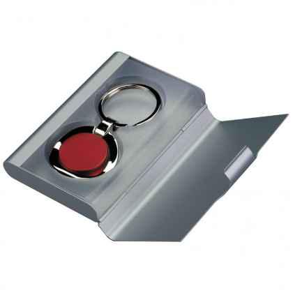 Key chain chromed red, in metal box
