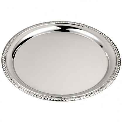 Tray round decorated edge metal-shiny