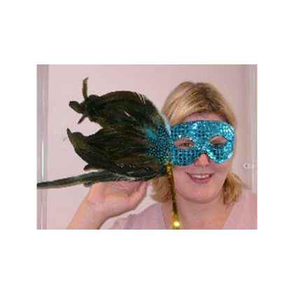 Feathered Mask Blue Sequin With A Plume Of Blue And Green Feathers