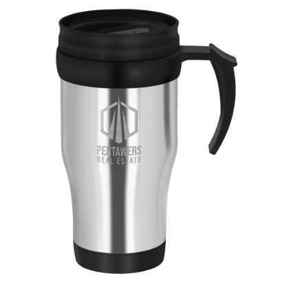 Tour Double Walled Travel Mug with Handle - 400ml Silver/Black