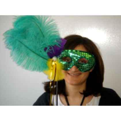 Green Feathered And Sequin Mask On A Stick 