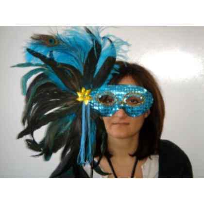 Turquoise Sequin Mask On A Stick With Feathers. 