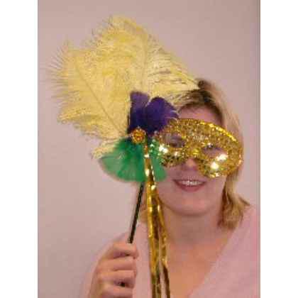 Feathered Mask Gold Sequin On Stick With Gold Streamers